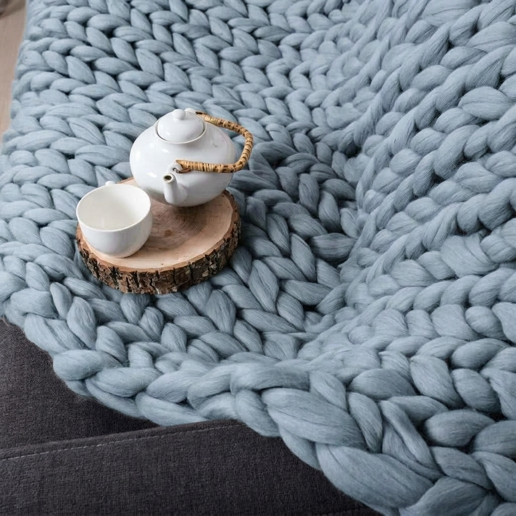 Blue Chunky-Knit 100% Cotton Throw