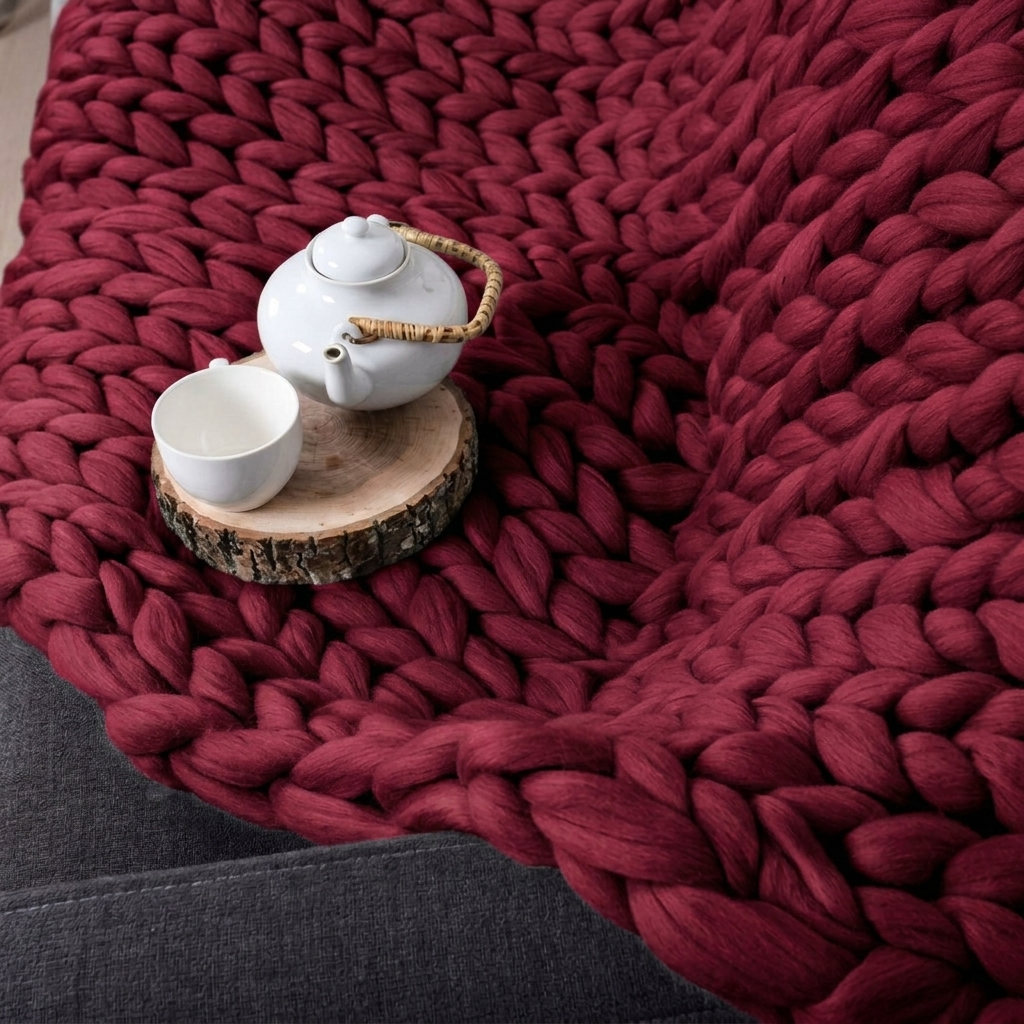 Burgundy Chunky-Knit 100% Cotton Throw