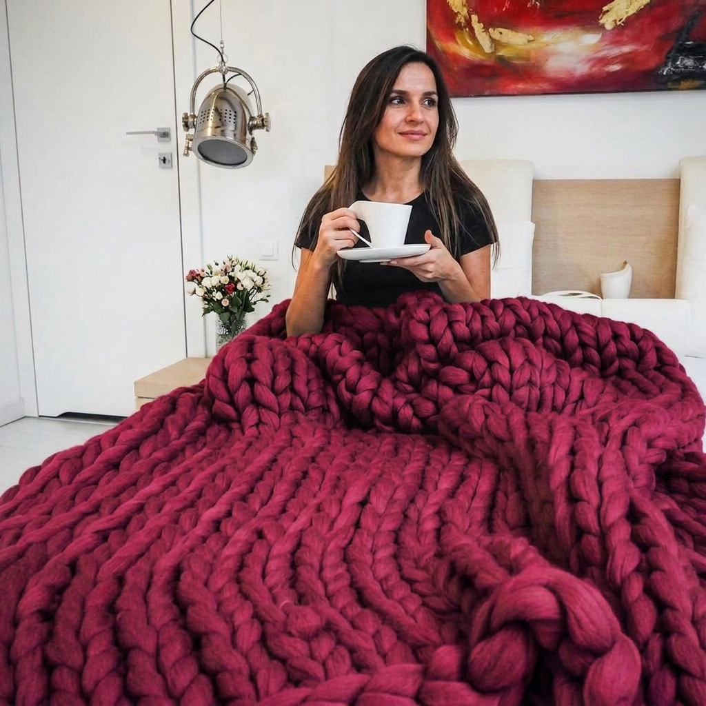 Burgundy Chunky-Knit 100% Cotton Throw