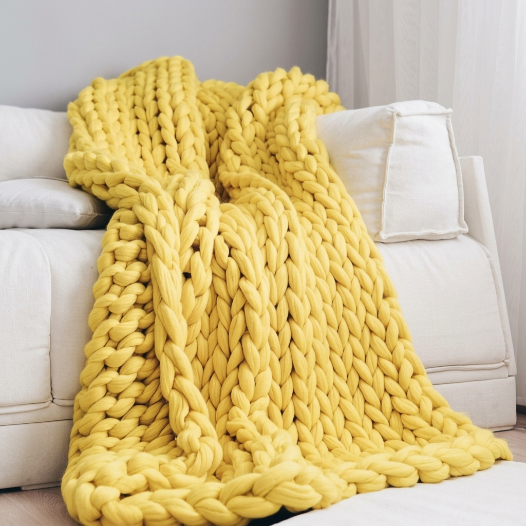 Yellow Chunky-Knit 100% Cotton Throw