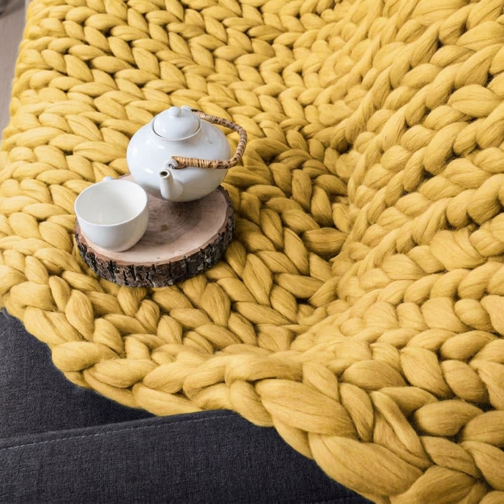 Yellow Chunky-Knit 100% Cotton Throw