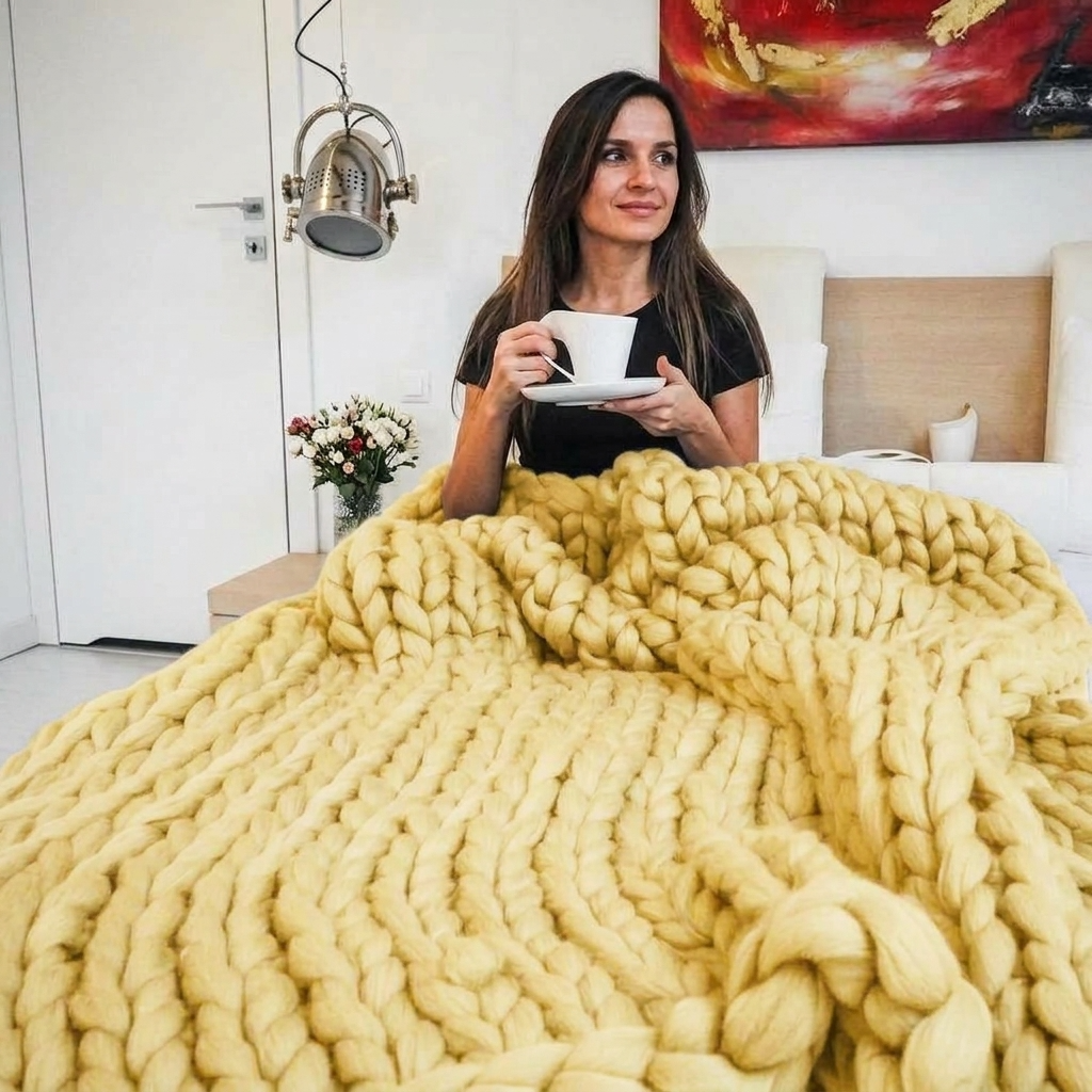 Yellow Chunky-Knit 100% Cotton Throw