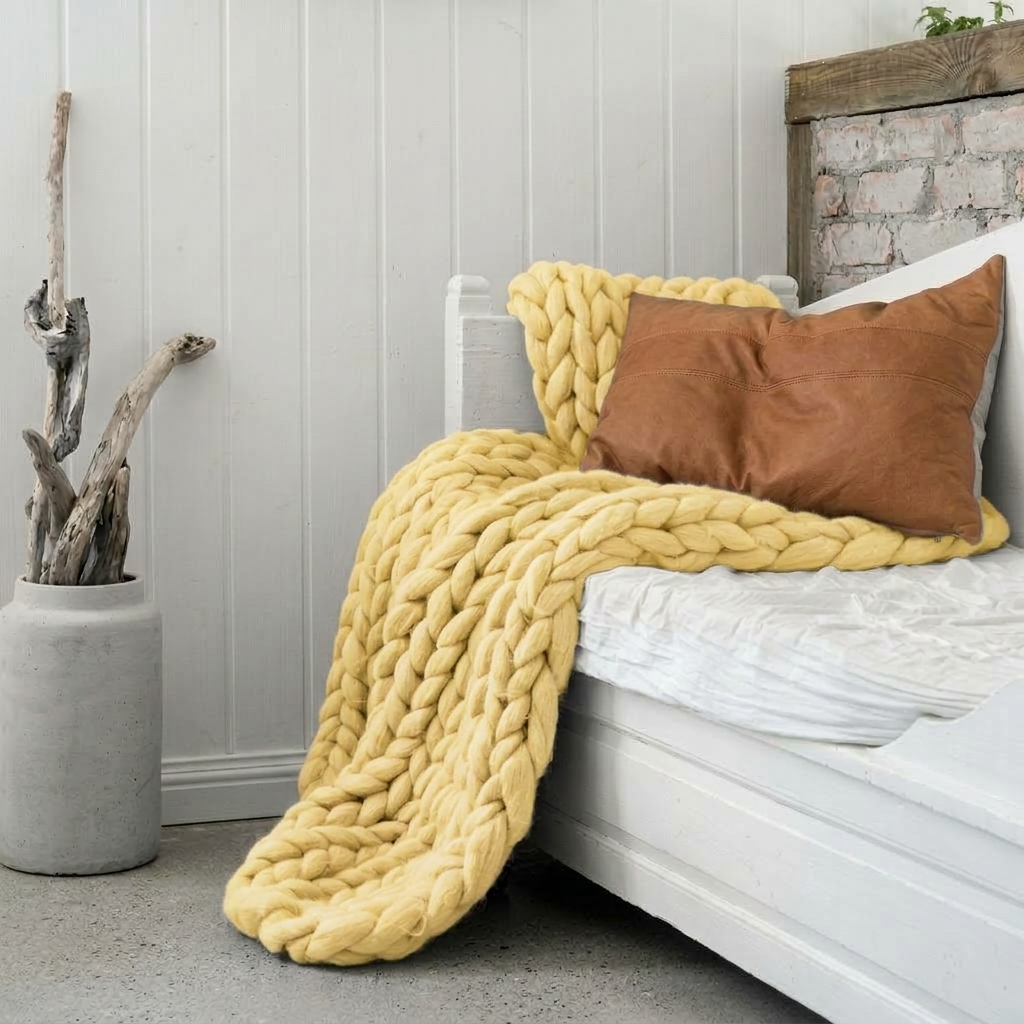 Yellow Chunky-Knit 100% Cotton Throw