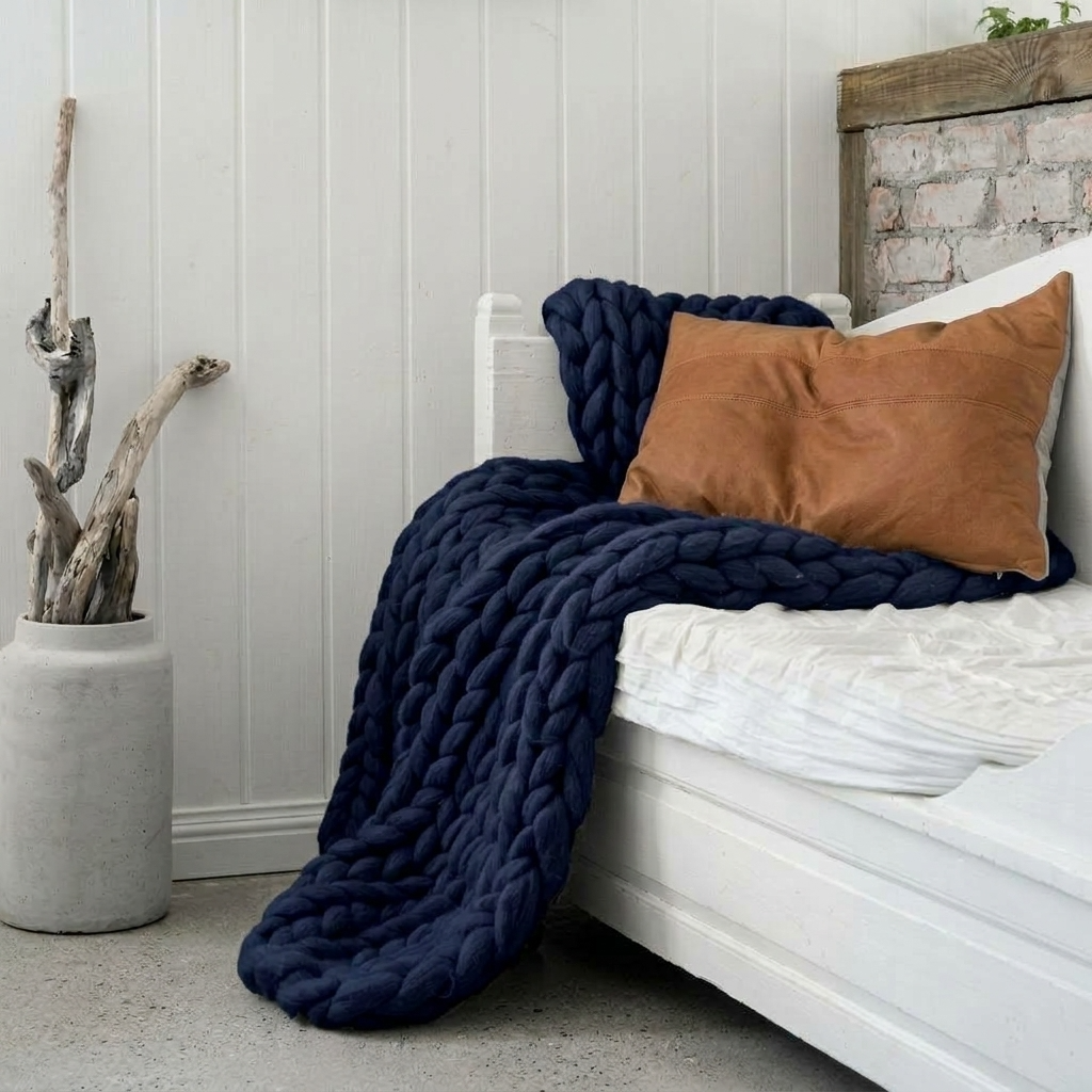 Navy Blue Chunky-Knit 100% Cotton Throw