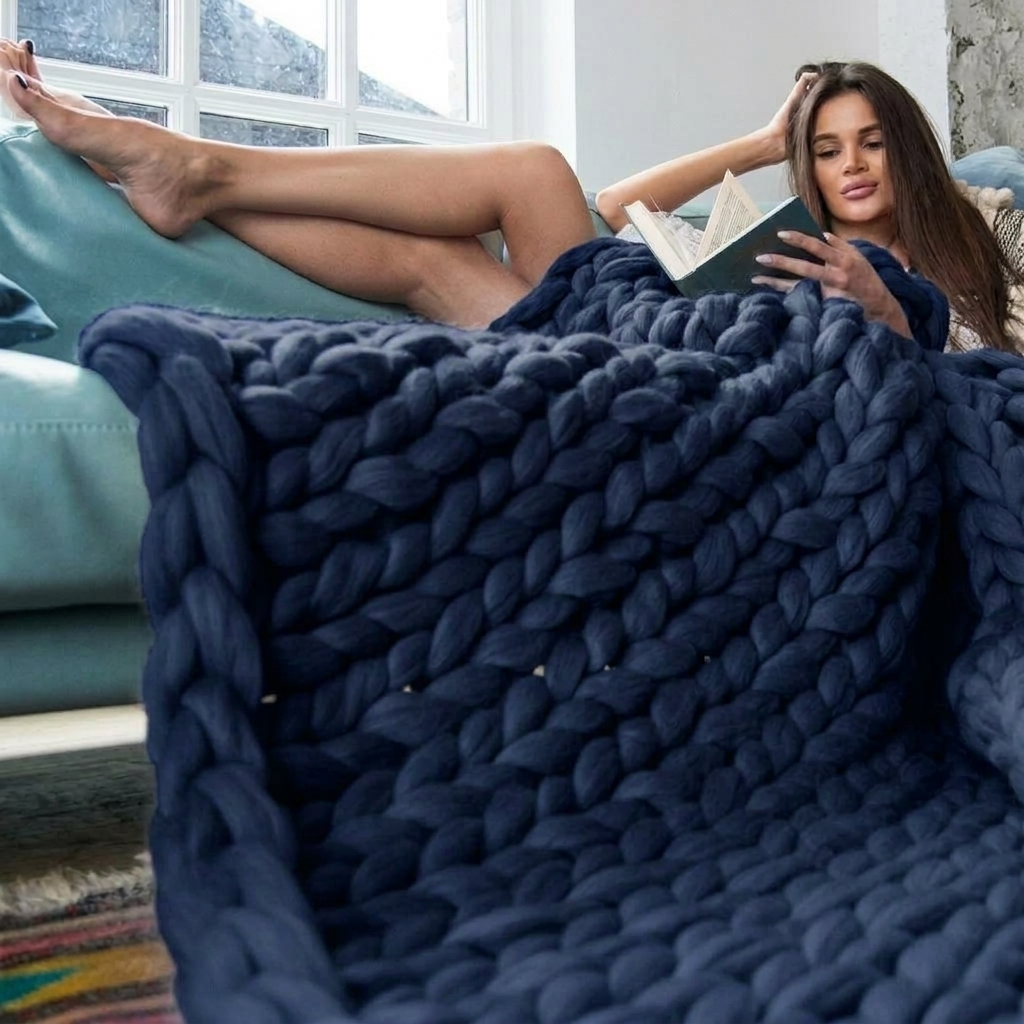 Navy Blue Chunky-Knit 100% Cotton Throw