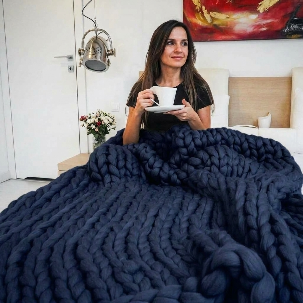 Navy Blue Chunky-Knit 100% Cotton Throw