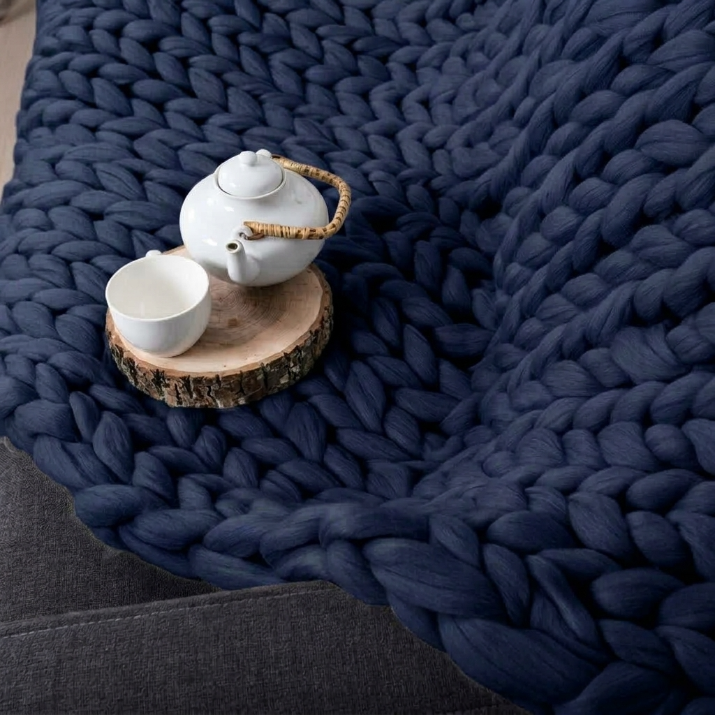 Navy Blue Chunky-Knit 100% Cotton Throw