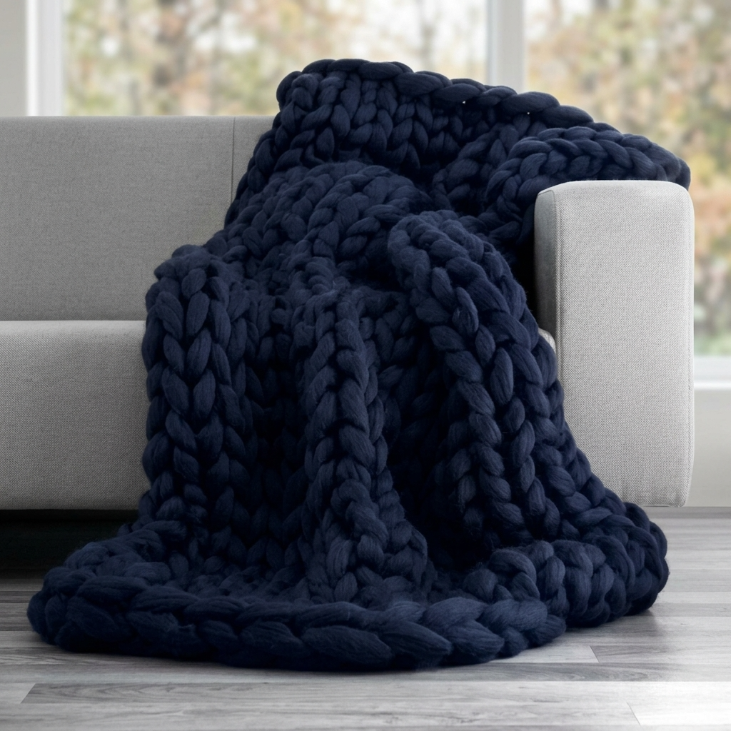 Navy Blue Chunky-Knit 100% Cotton Throw
