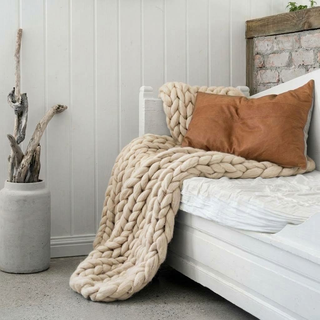 Beige Chunky-Knit 100% Cotton Throw