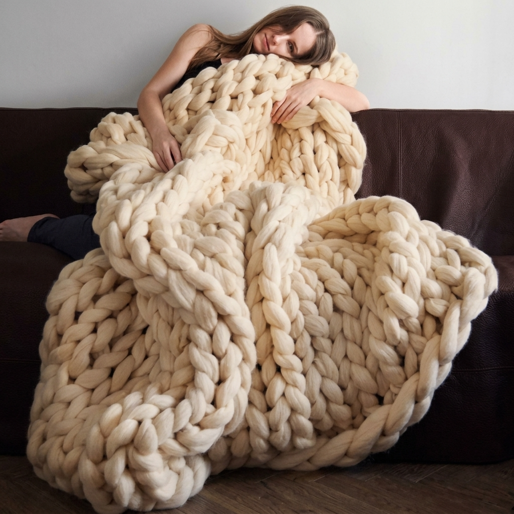 Beige Chunky-Knit 100% Cotton Throw