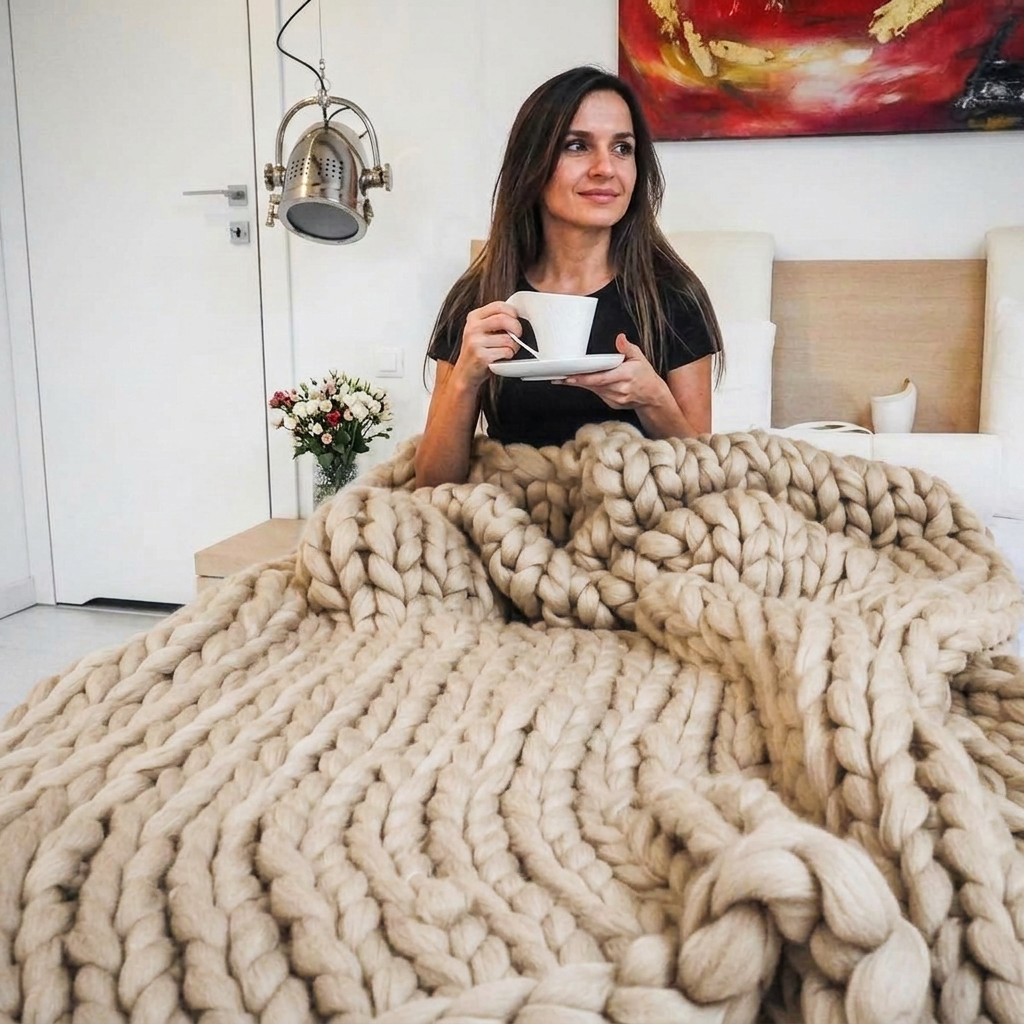 Beige Chunky-Knit 100% Cotton Throw
