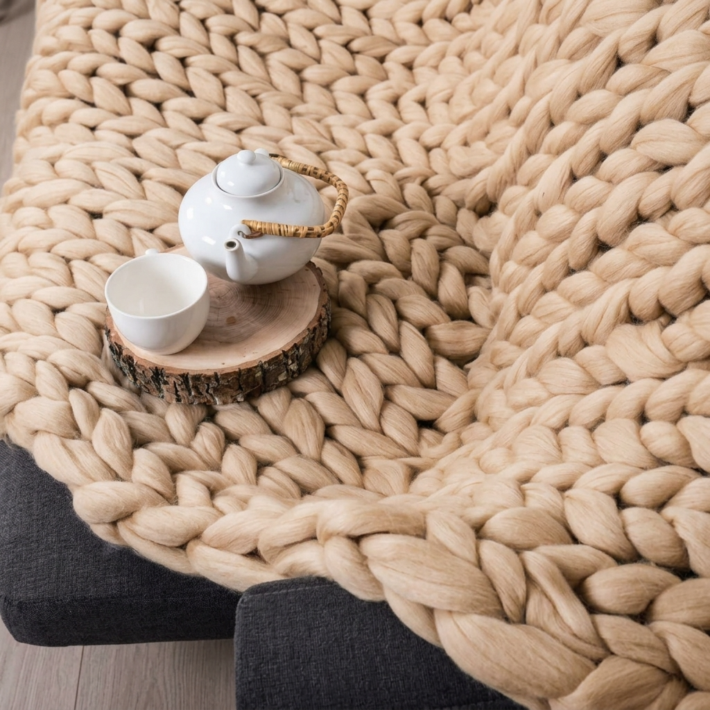 Beige Chunky-Knit 100% Cotton Throw