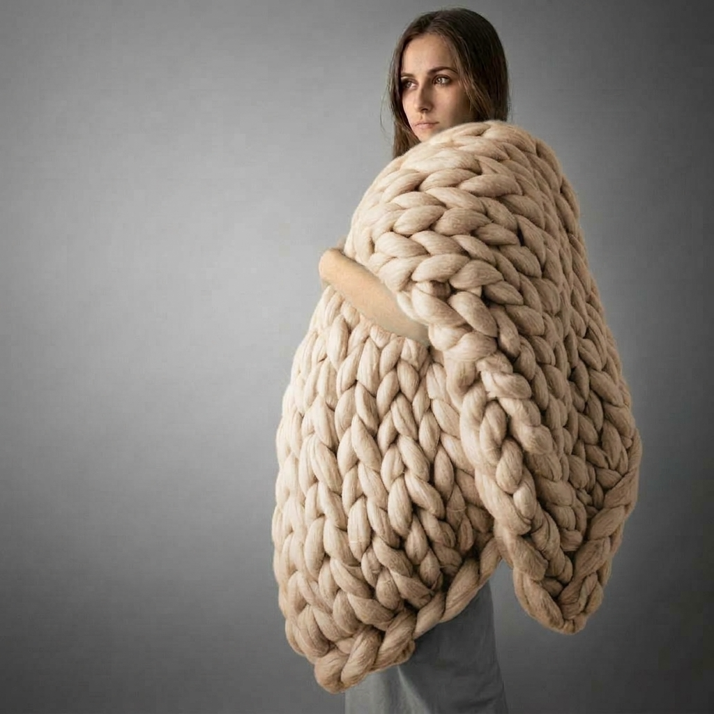 Beige Chunky-Knit 100% Cotton Throw