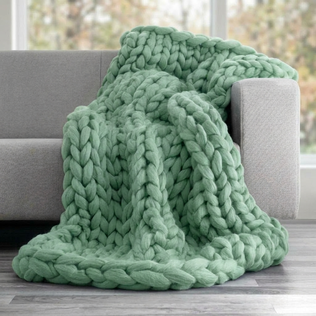 Green Chunky-Knit 100% Cotton Throw