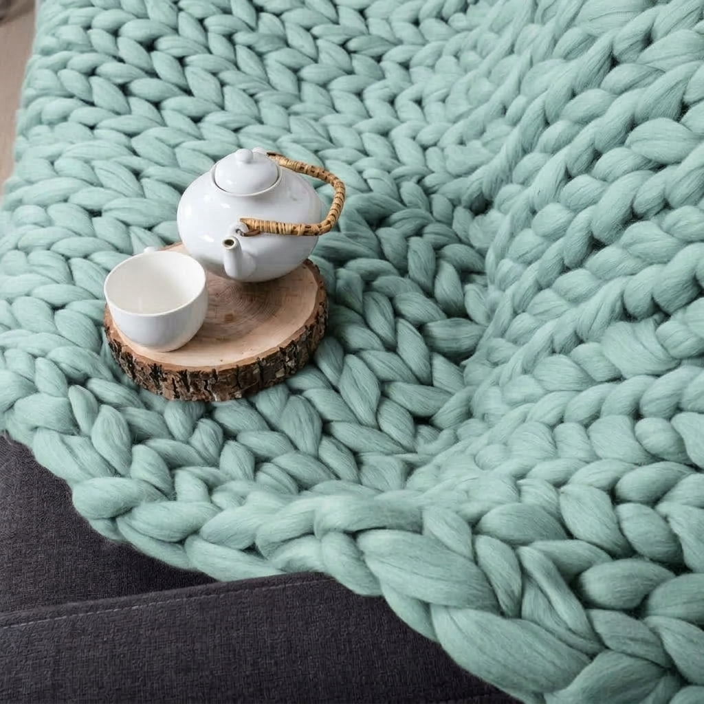 Green Chunky-Knit 100% Cotton Throw