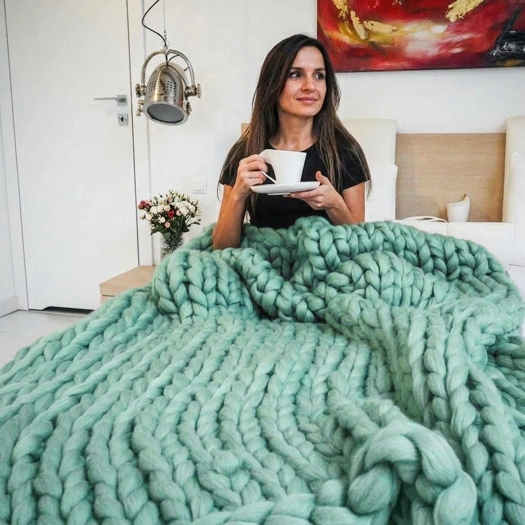 Green Chunky-Knit 100% Cotton Throw