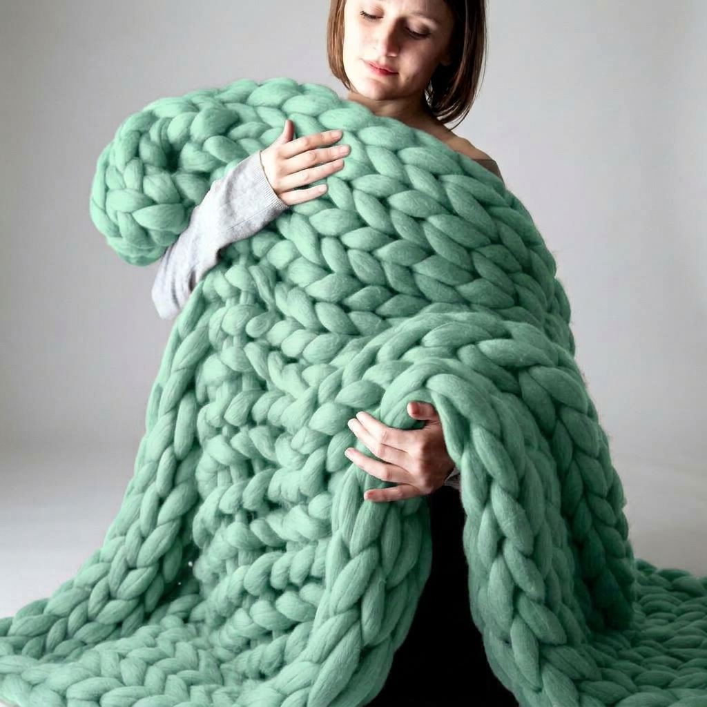 Green Chunky-Knit 100% Cotton Throw