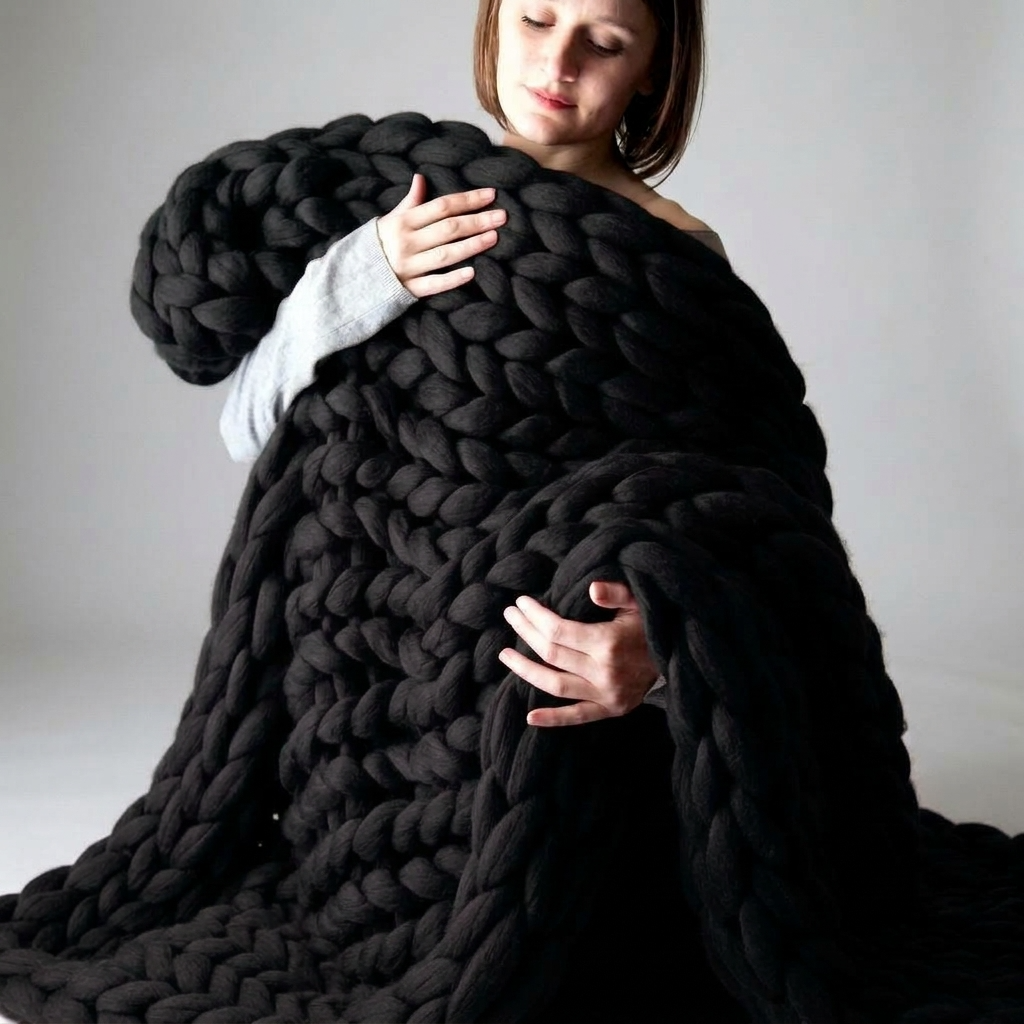 Black Chunky-Knit 100% Cotton Throw