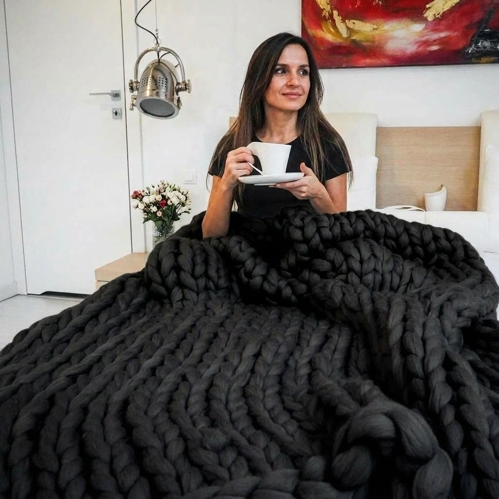 Black Chunky-Knit 100% Cotton Throw