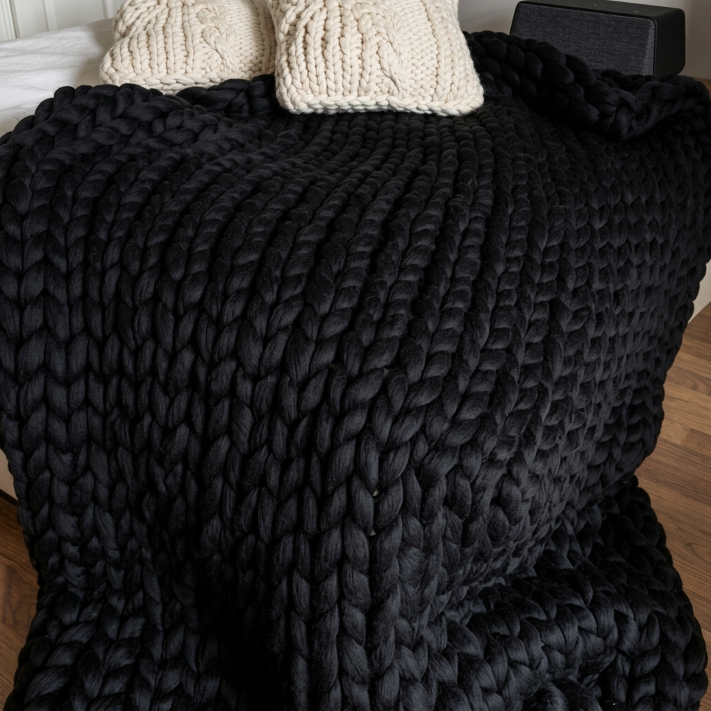 Black Chunky-Knit 100% Cotton Throw