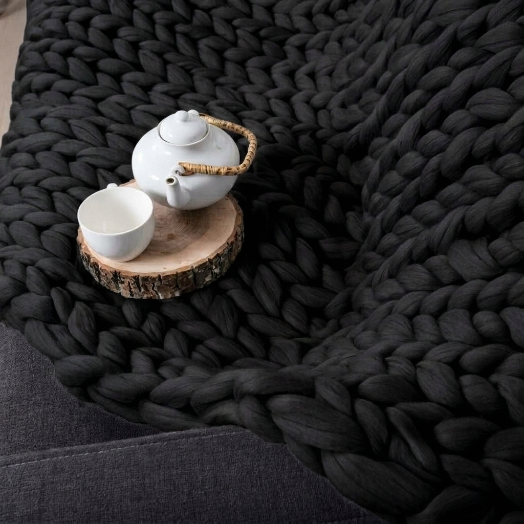 Black Chunky-Knit 100% Cotton Throw
