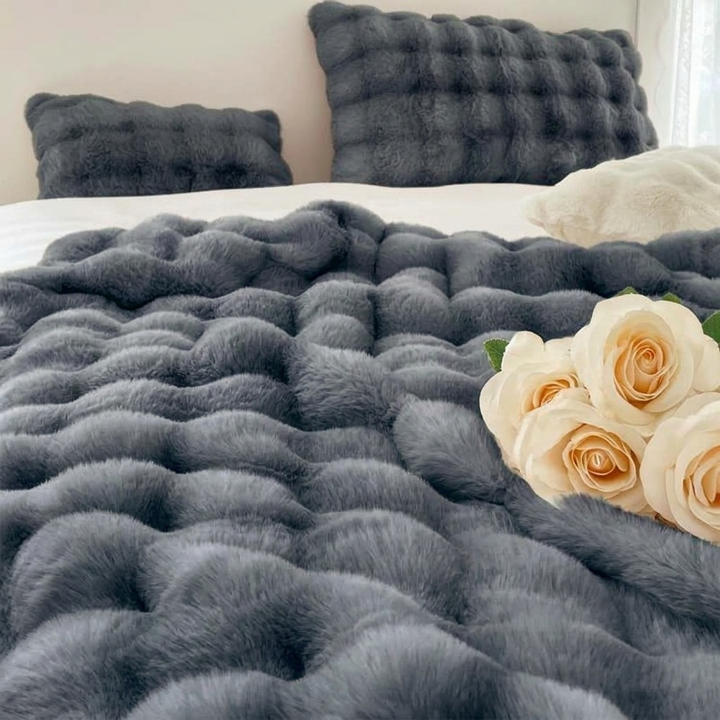 Charcoal Plush Reversible Faux Fur Throw