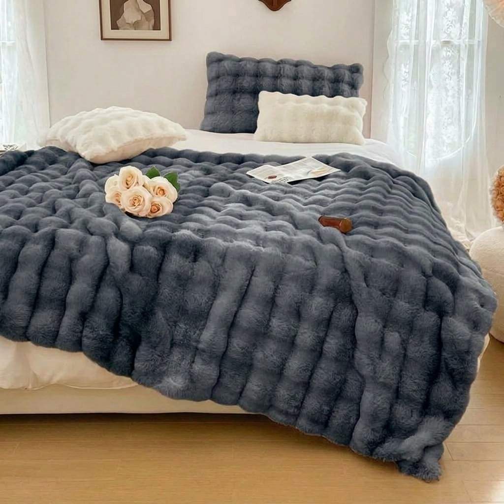 Charcoal Plush Reversible Faux Fur Throw