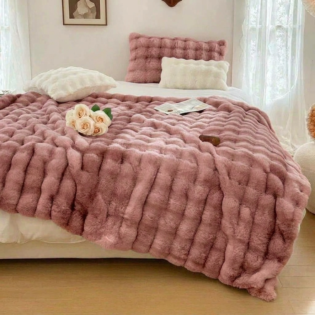 Pink Plush Reversible Faux Fur Throw
