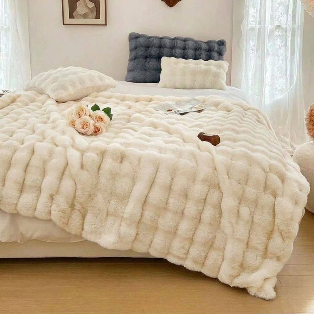 White Plush Reversible Faux Fur Throw