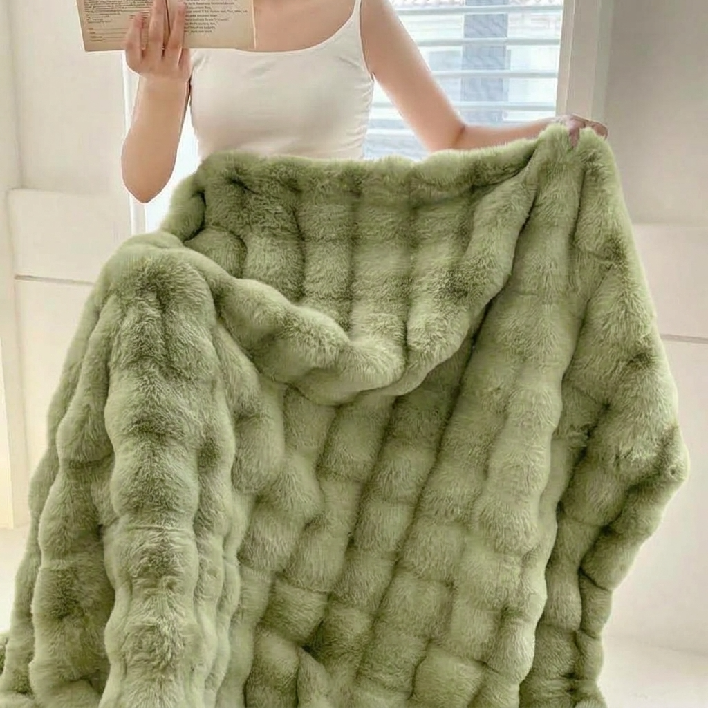 Green Plush Reversible Faux Fur Throw