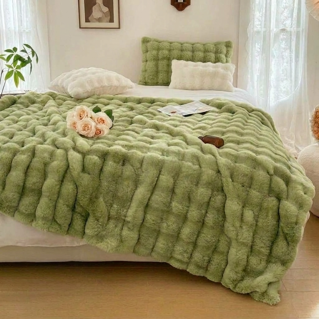 Green Plush Reversible Faux Fur Throw