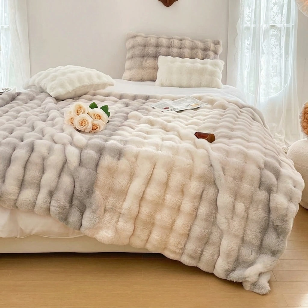 Greige Plush Reversible Faux Fur Throw