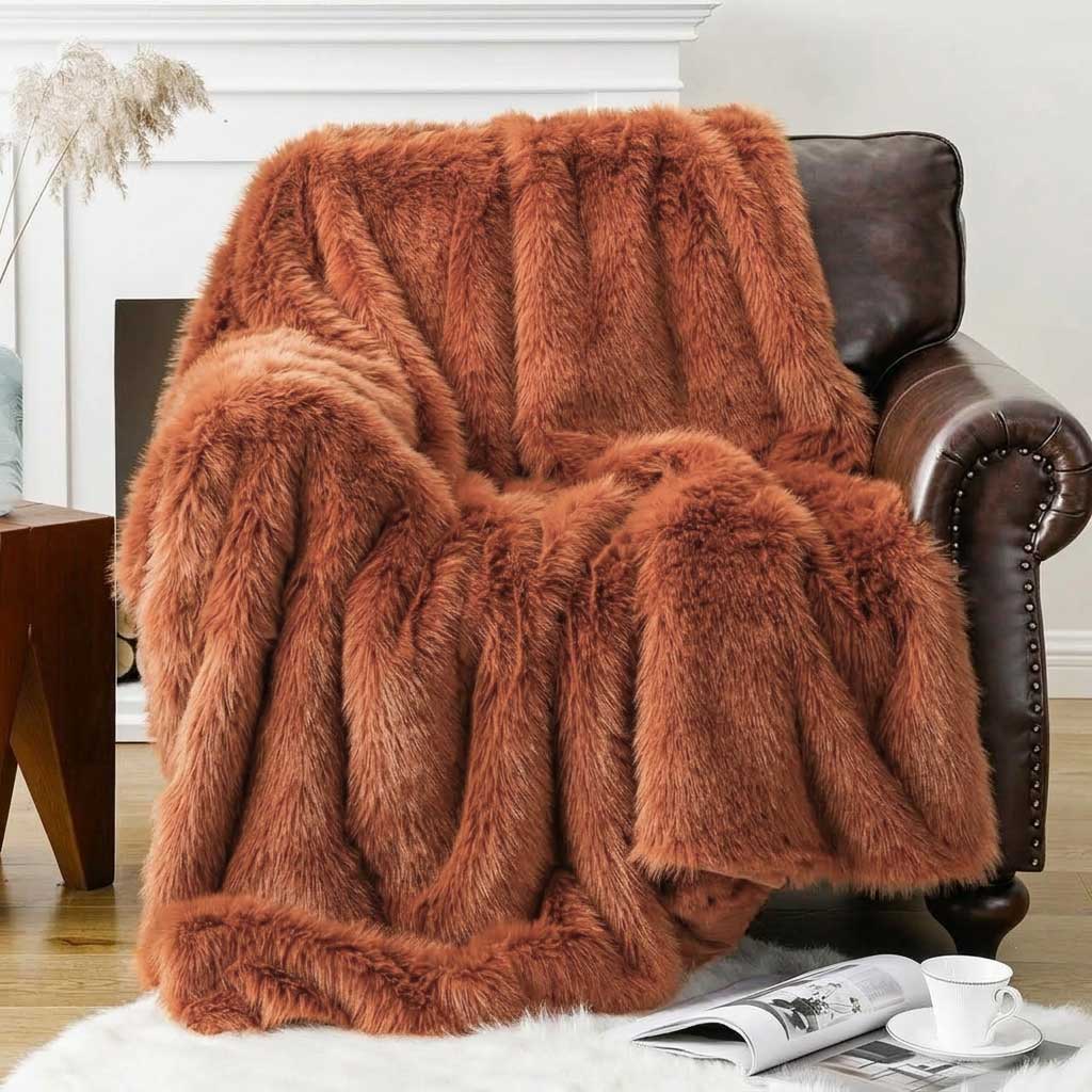 Terracotta Soft Long-Pile Faux Fur Throw