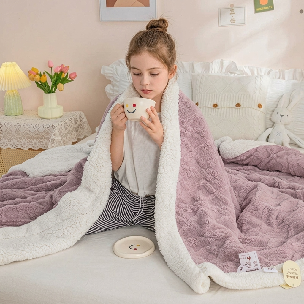 Purple Geometric Fleece and Sherpa Throw