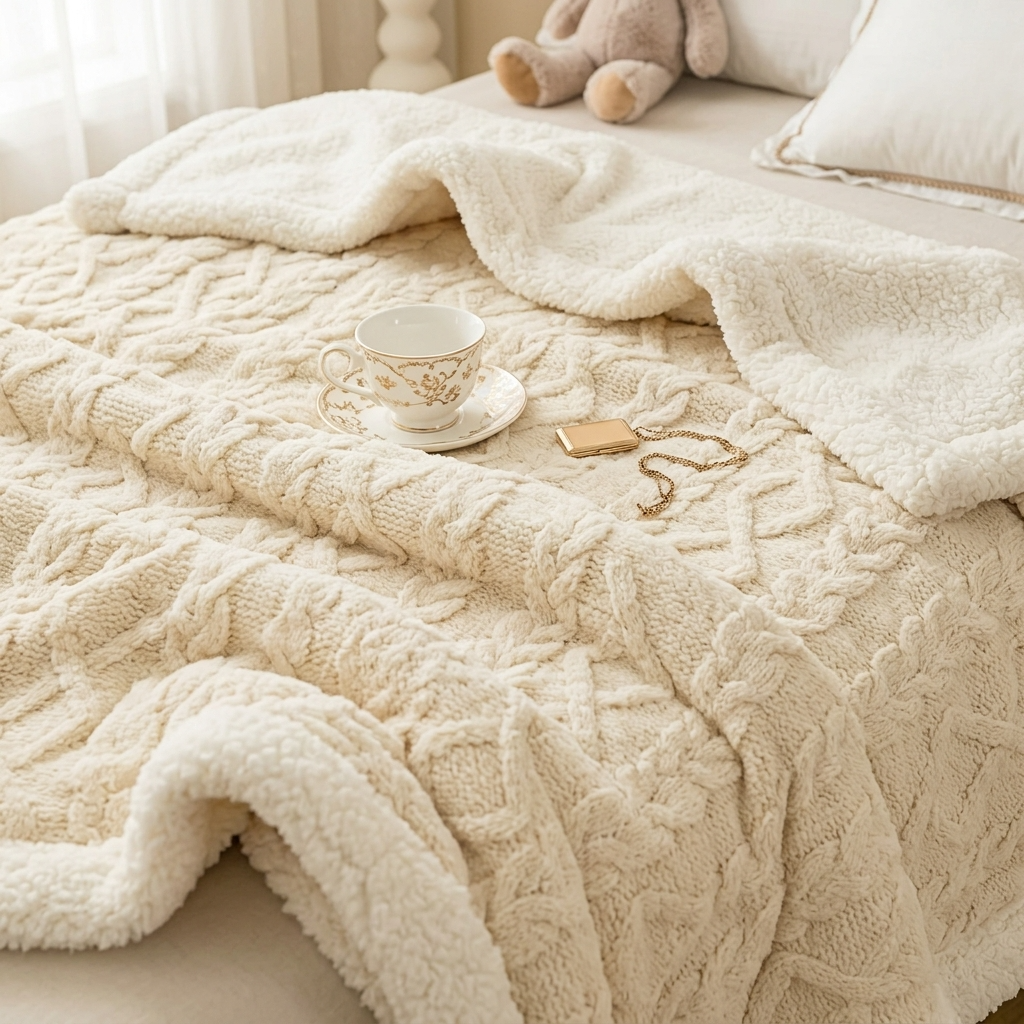 Beige Geometric Fleece and Sherpa Throw