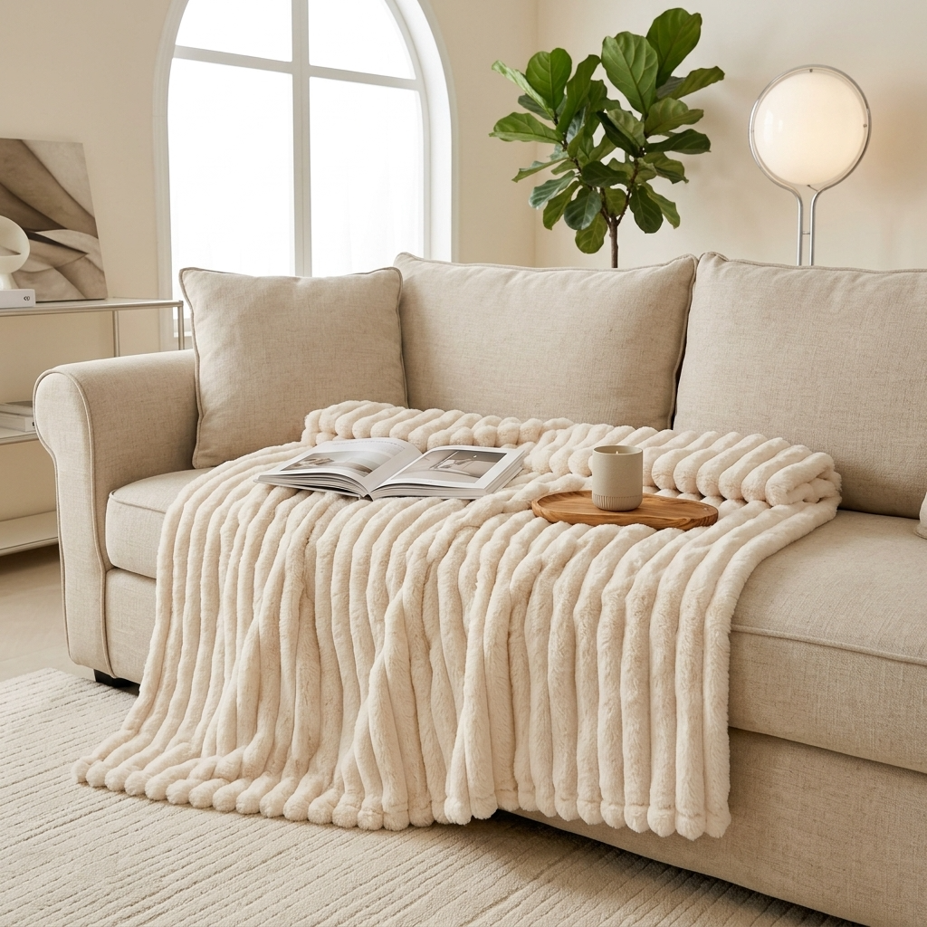 Beige Soft Ribbed Faux Fur Throw