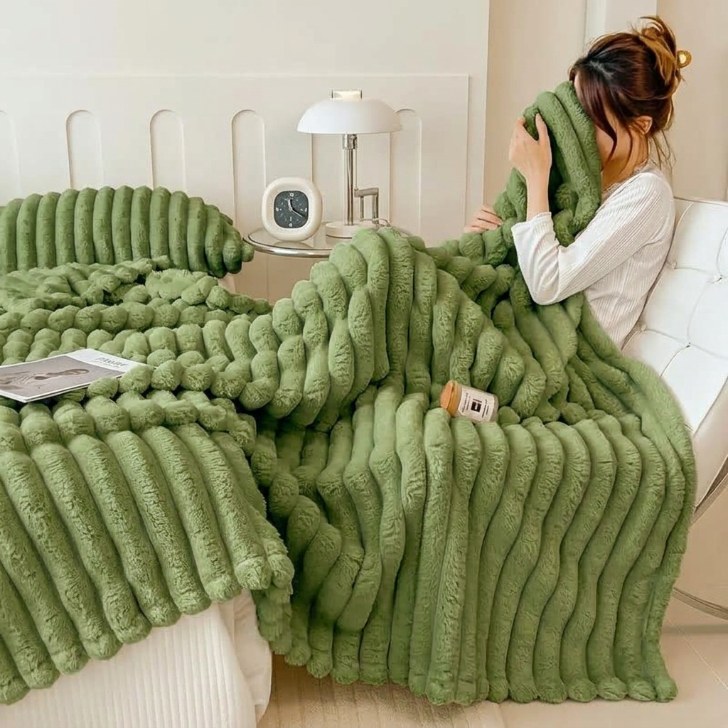Green Soft Ribbed Faux Fur Throw