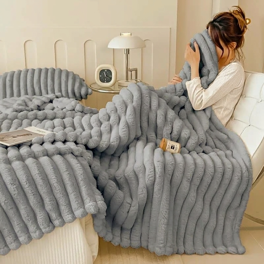 Silver Soft Ribbed Faux Fur Throw