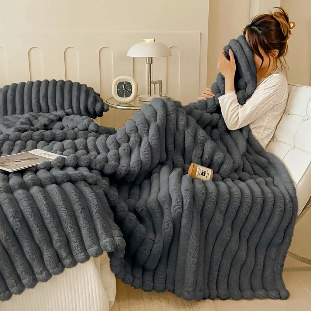 Grey Soft Ribbed Faux Fur Throw