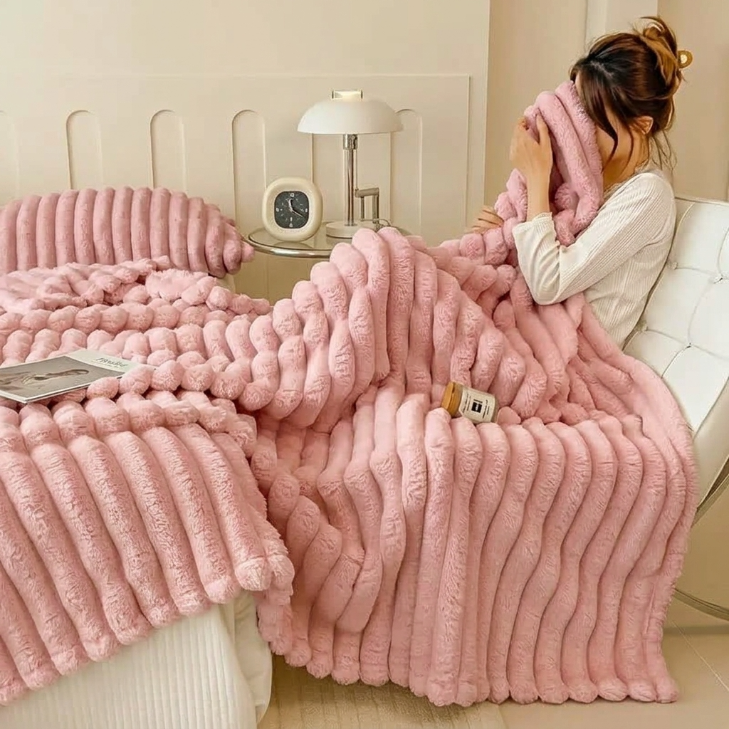 Pink Soft Ribbed Faux Fur Throw