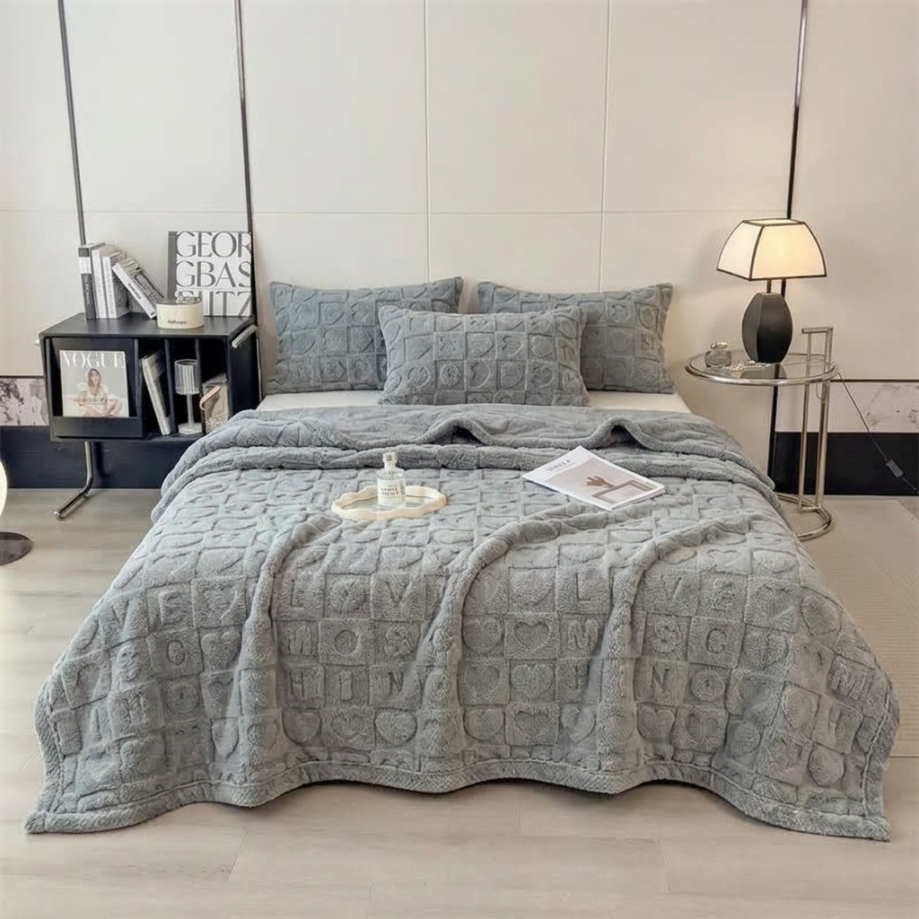 Grey Soft Raised Heart-Pattern Fleece Throw