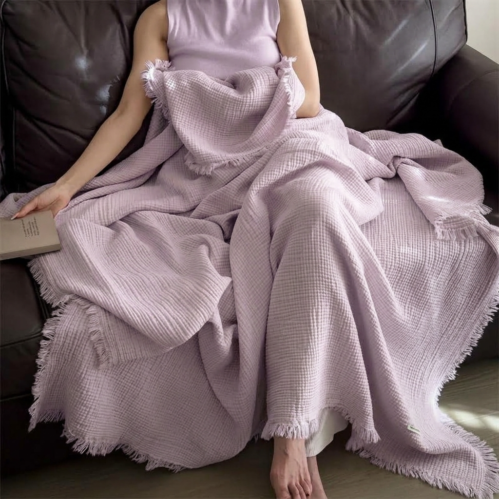 Purple Four-Layer 100% Cotton Fringed Throw