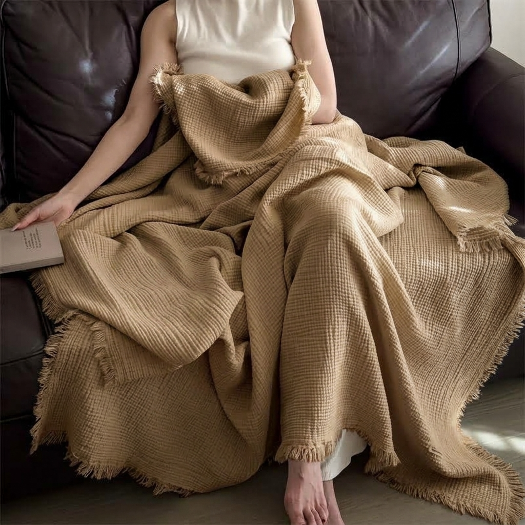 Coffee Brown Four-Layer 100% Cotton Fringed Throw