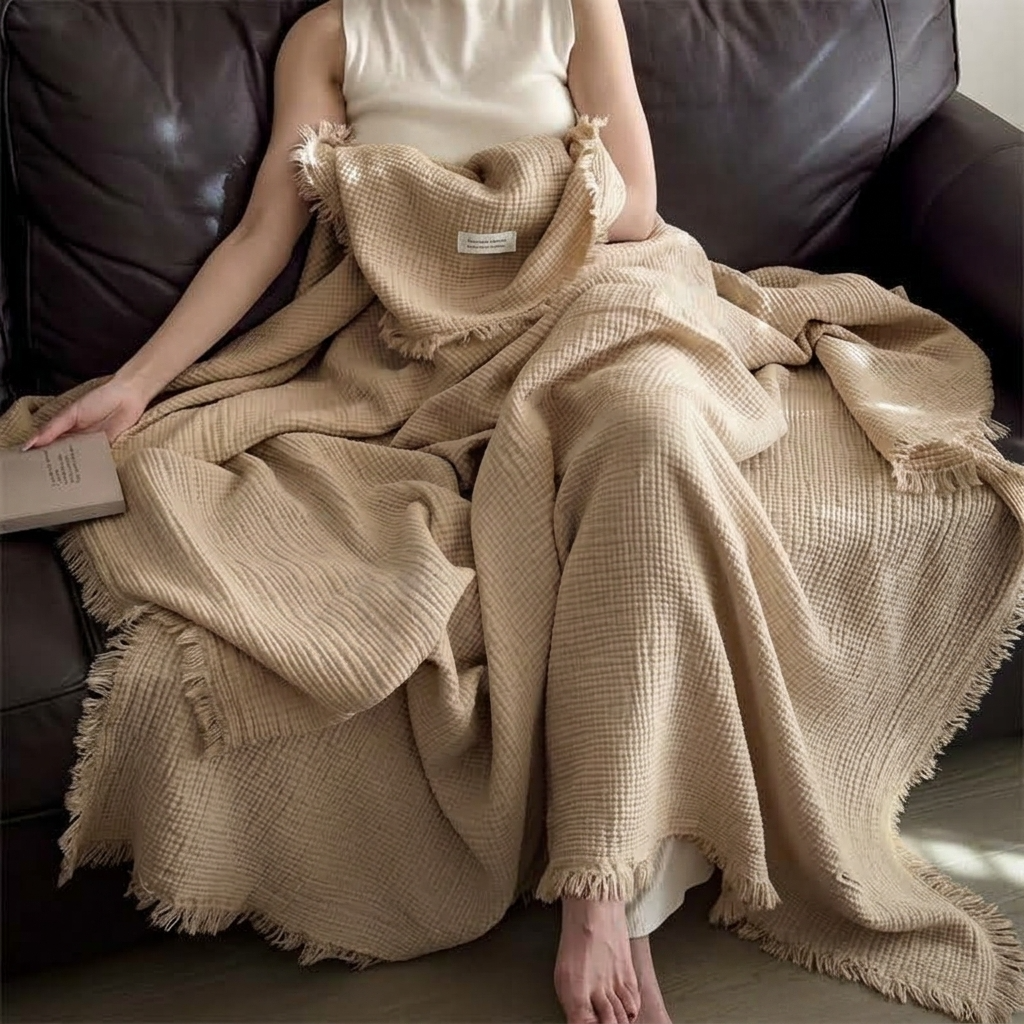 Taupe Four-Layer 100% Cotton Fringed Throw