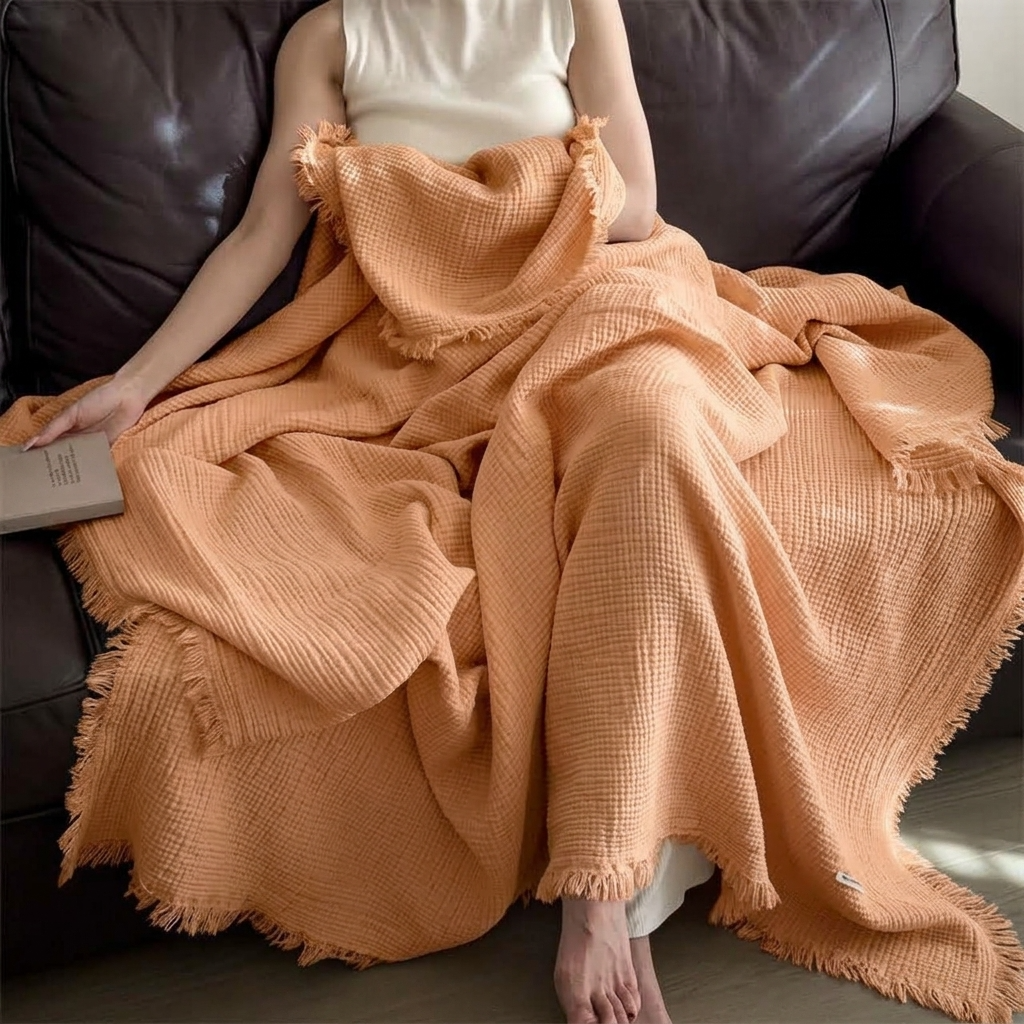 Orange Four-Layer 100% Cotton Fringed Throw