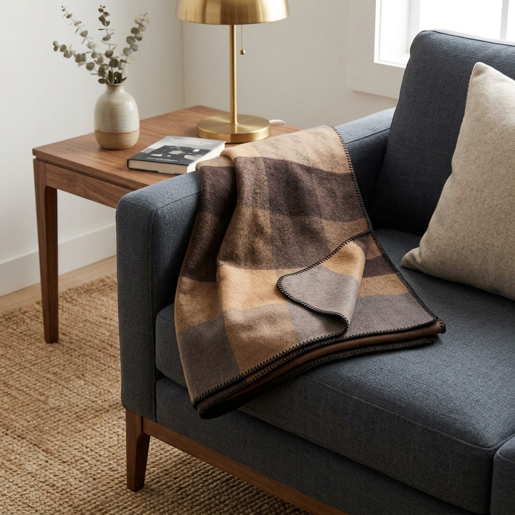 100% Wool Camel and Brown Striped Throw