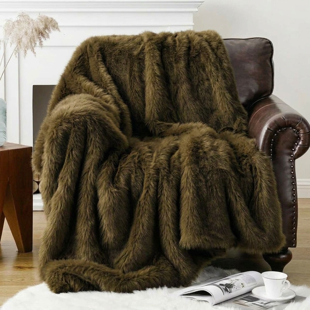 Khaki Soft Long-Pile Faux Fur Throw