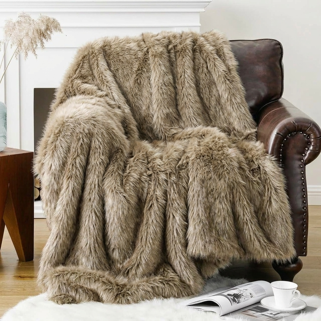 Taupe Soft Long-Pile Faux Fur Throw