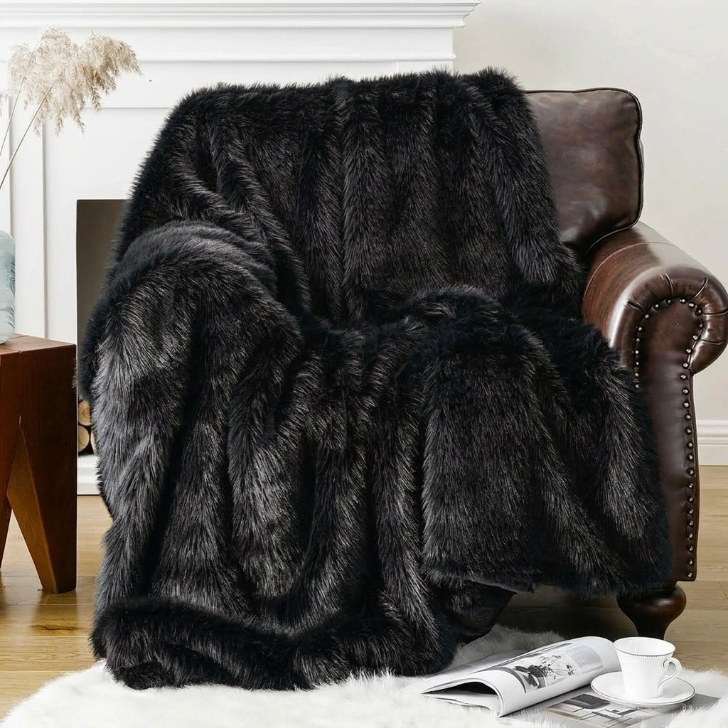 Black Soft Long-Pile Faux Fur Throw