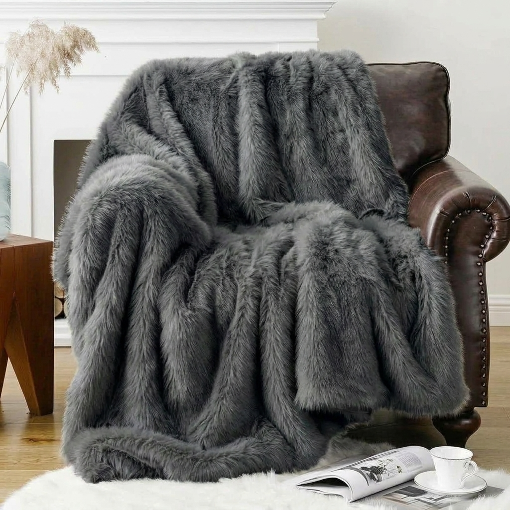 Grey Soft Long-Pile Faux Fur Throw